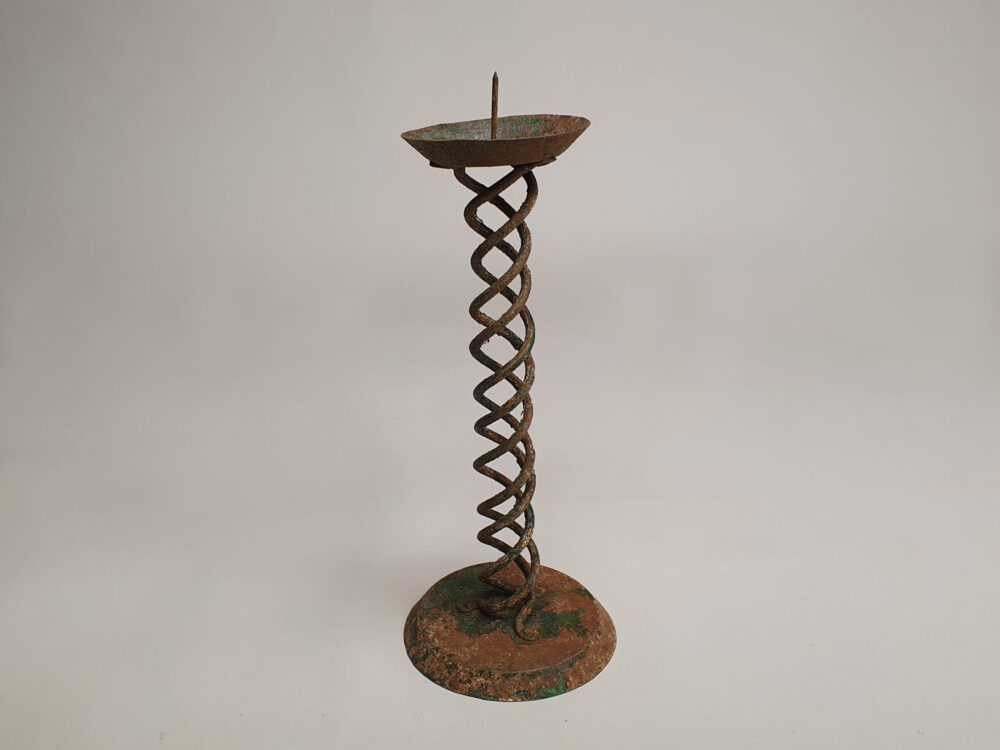 Pair of rustic antique wrought iron Spiral Candlesticks with faint traces of original green paint