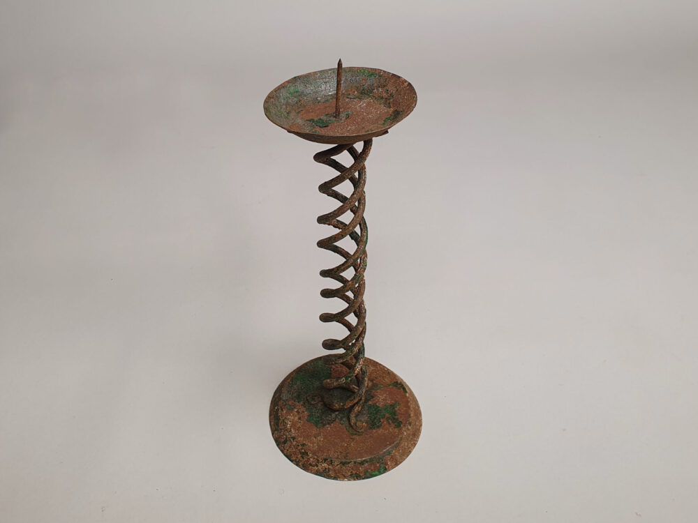Pair of rustic antique wrought iron Spiral Candlesticks with faint traces of original green paint