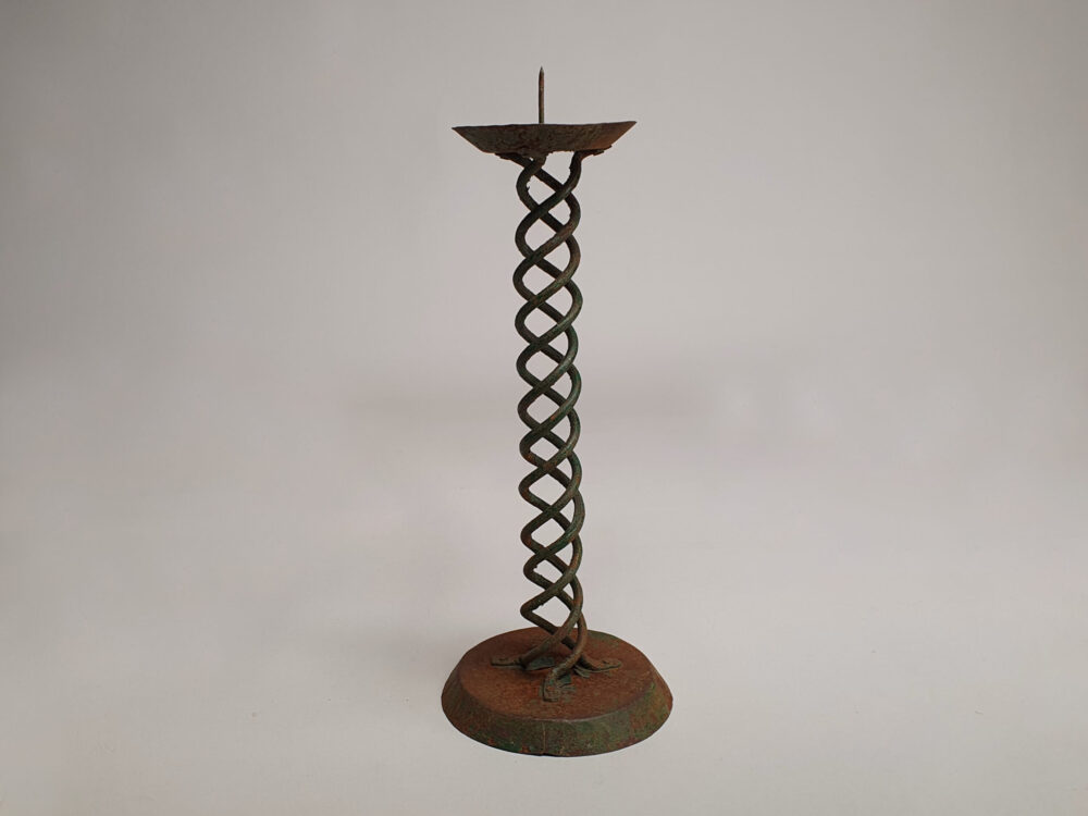 Pair of rustic antique wrought iron Spiral Candlesticks with faint traces of original green paint