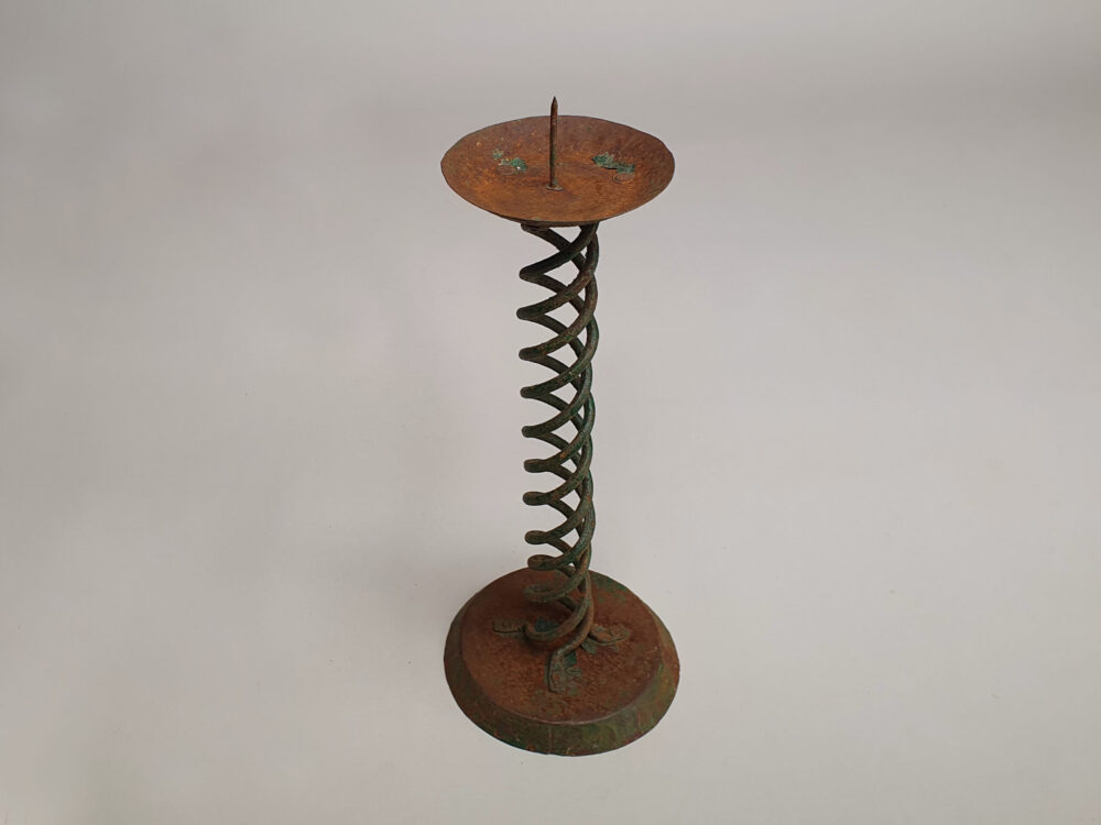 Pair of rustic antique wrought iron Spiral Candlesticks with faint traces of original green paint