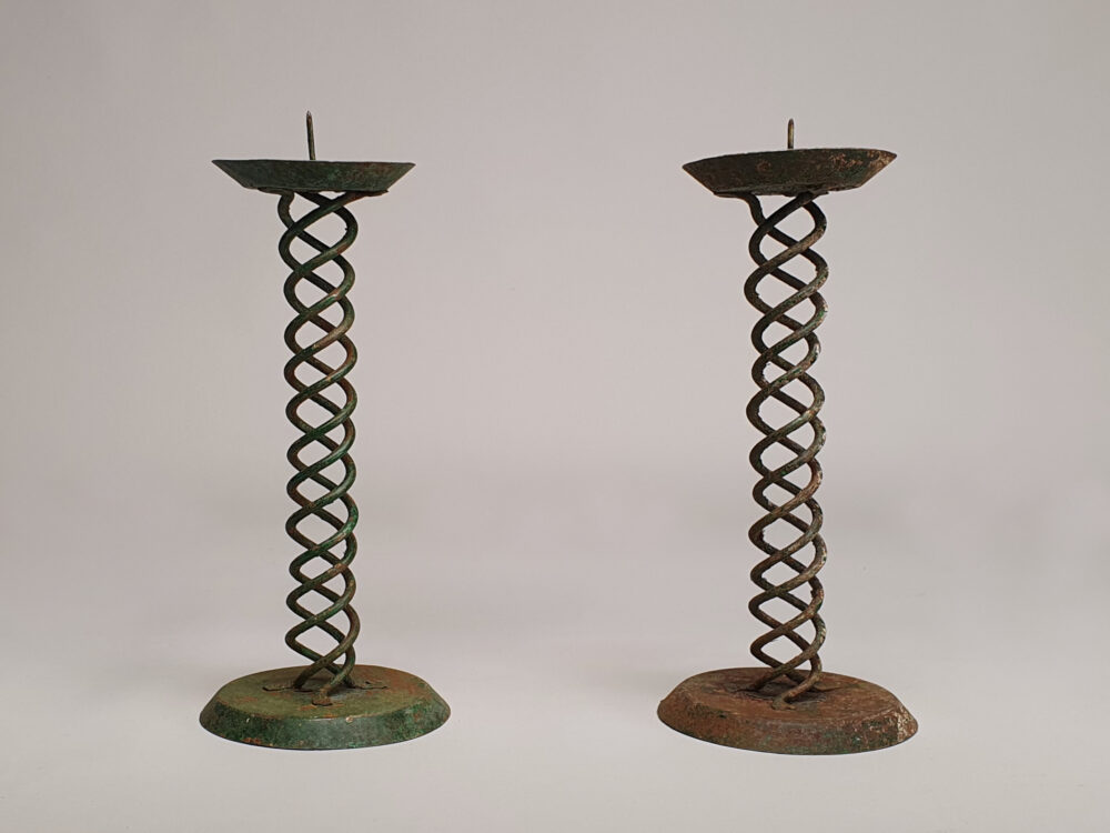 Pair of rustic antique wrought iron Spiral Candlesticks with original green paint