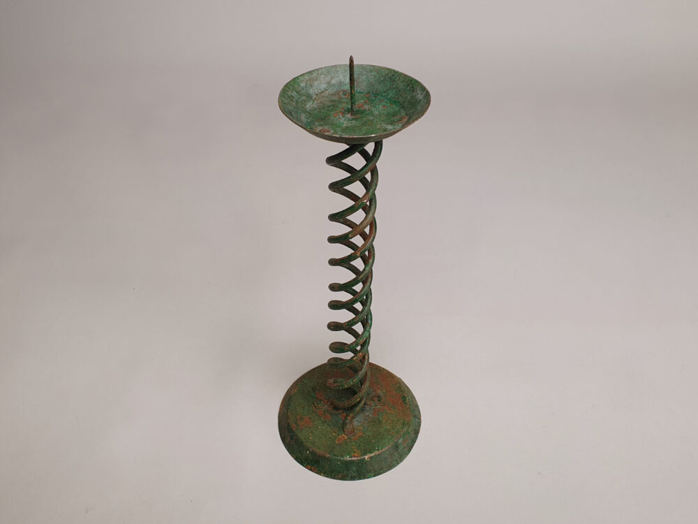 Pair of rustic antique wrought iron Spiral Candlesticks with original green paint