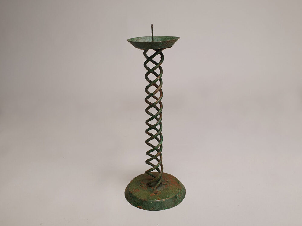 Pair of rustic antique wrought iron Spiral Candlesticks with original green paint