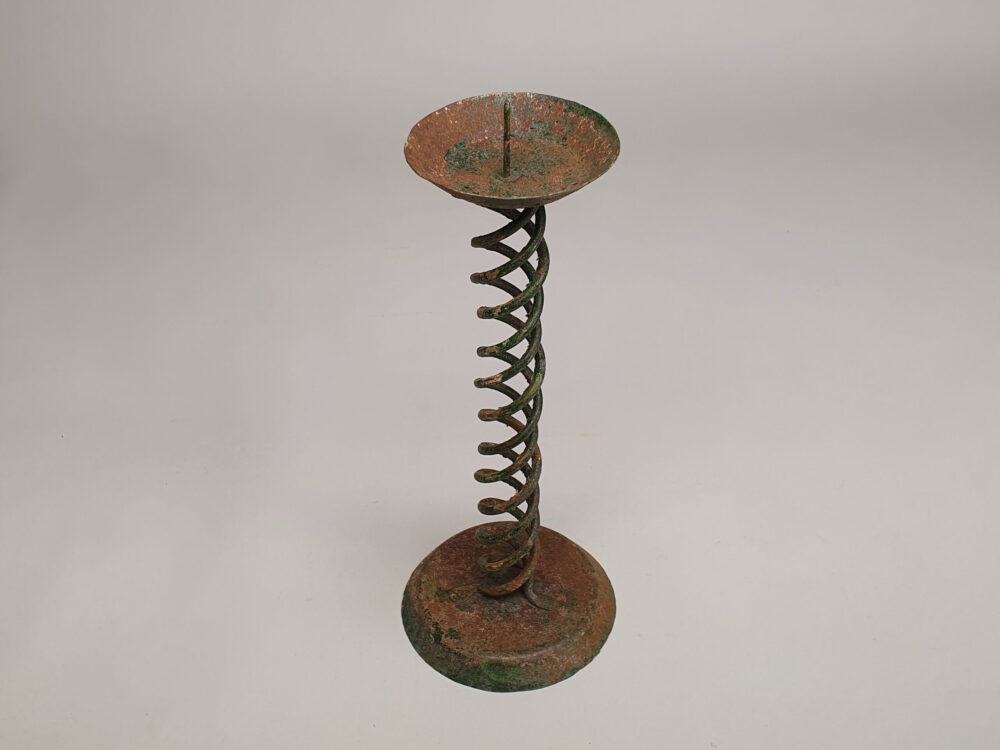 Pair of rustic antique wrought iron Spiral Candlesticks with original green paint