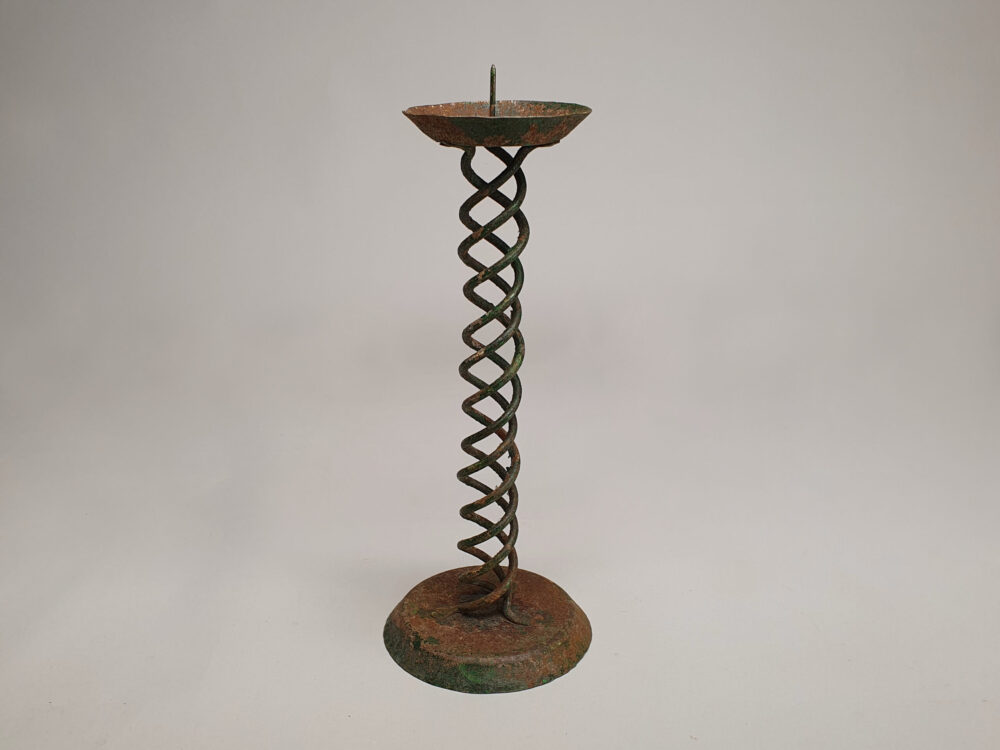 Pair of rustic antique wrought iron Spiral Candlesticks with original green paint
