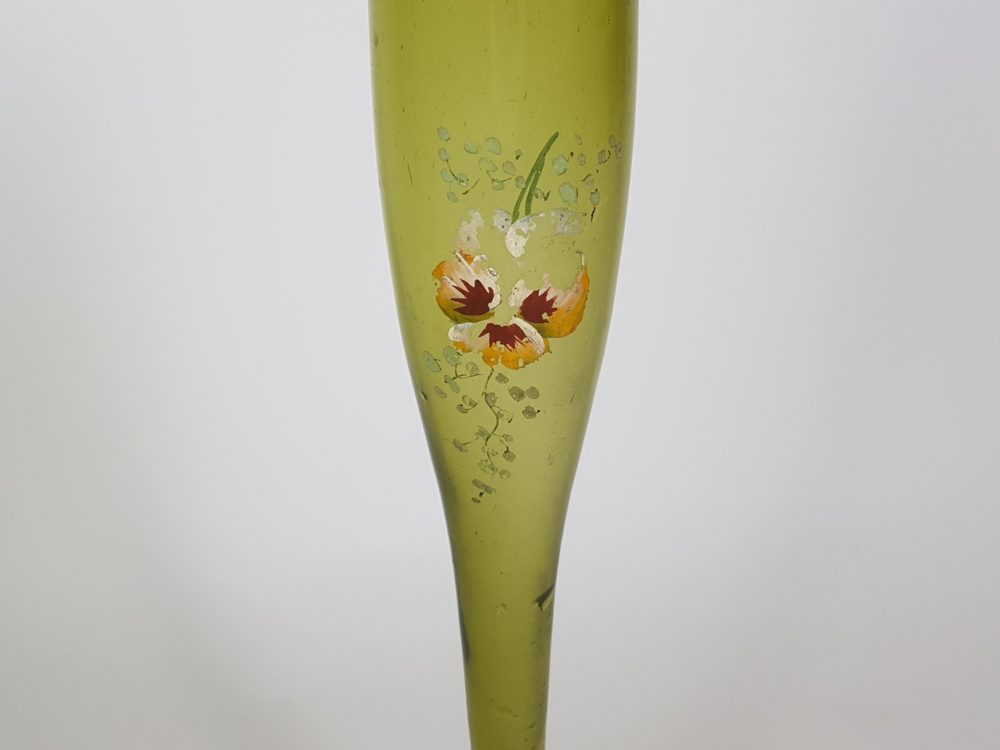 Pair of tall green Victorian hand painted glass Vases