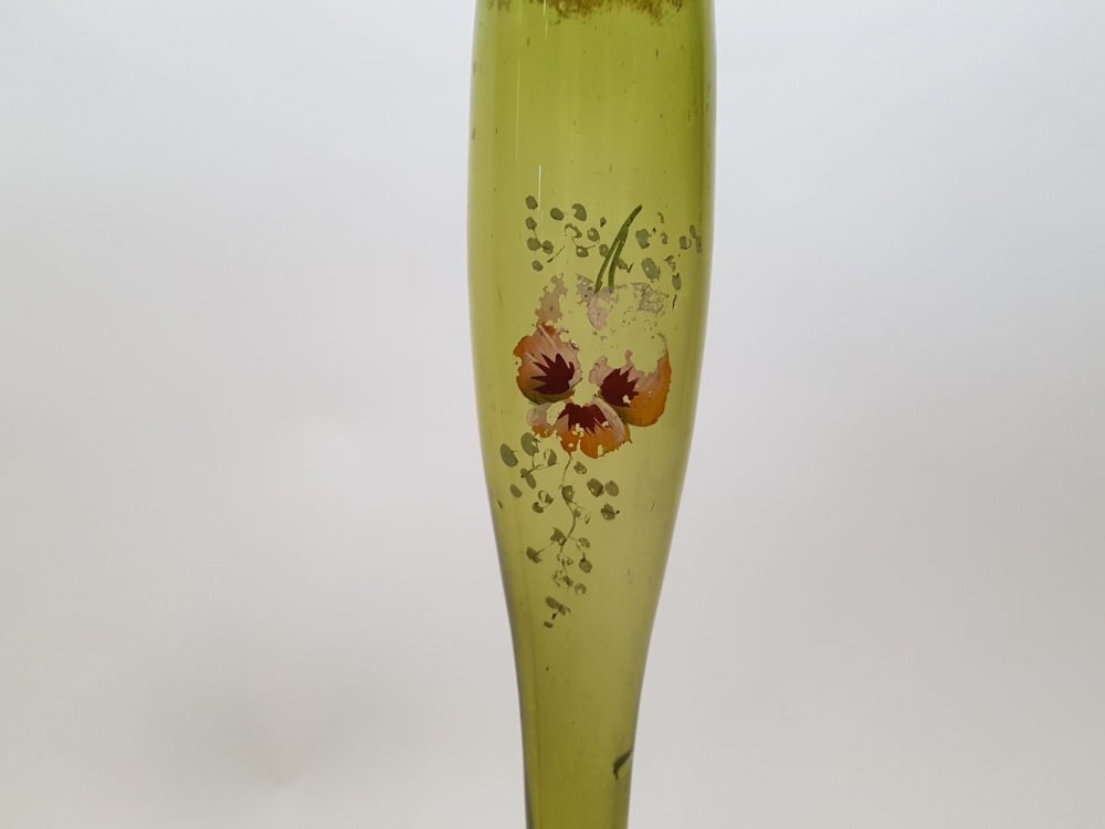 Pair of tall green Victorian hand painted glass Vases
