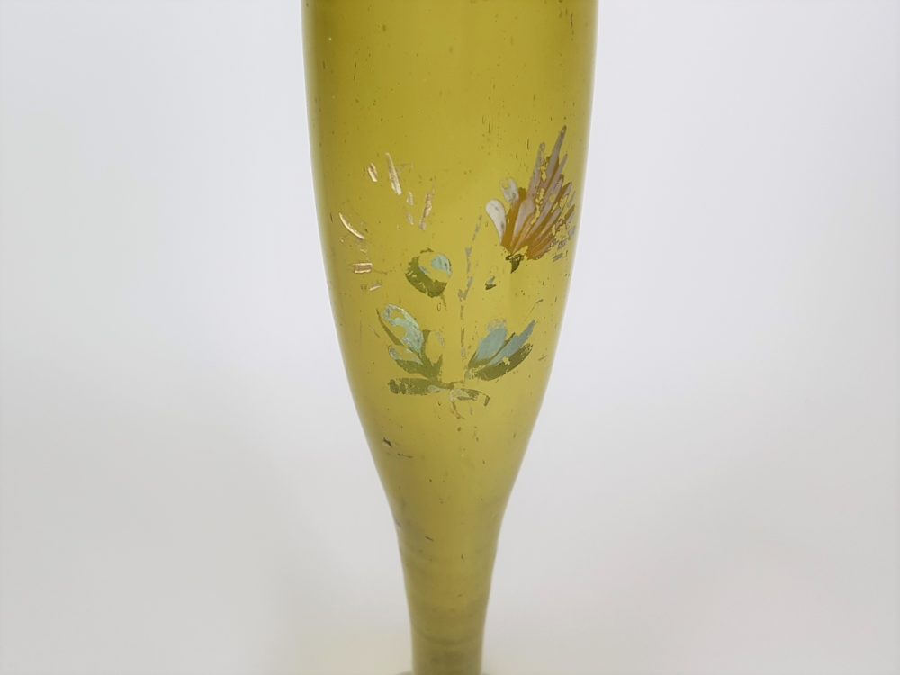 Pair of tall green Victorian hand painted glass Vases