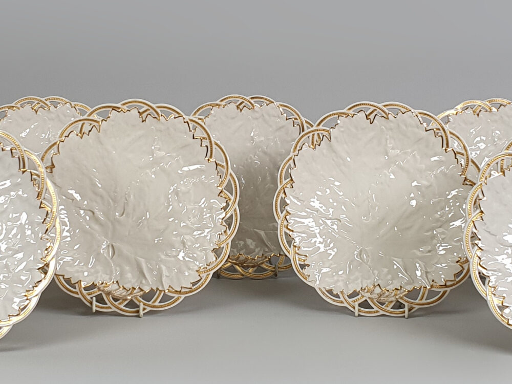 Rare set of 11 antique Royal Worcester White Cabbage Leaf Plates with lattice edges