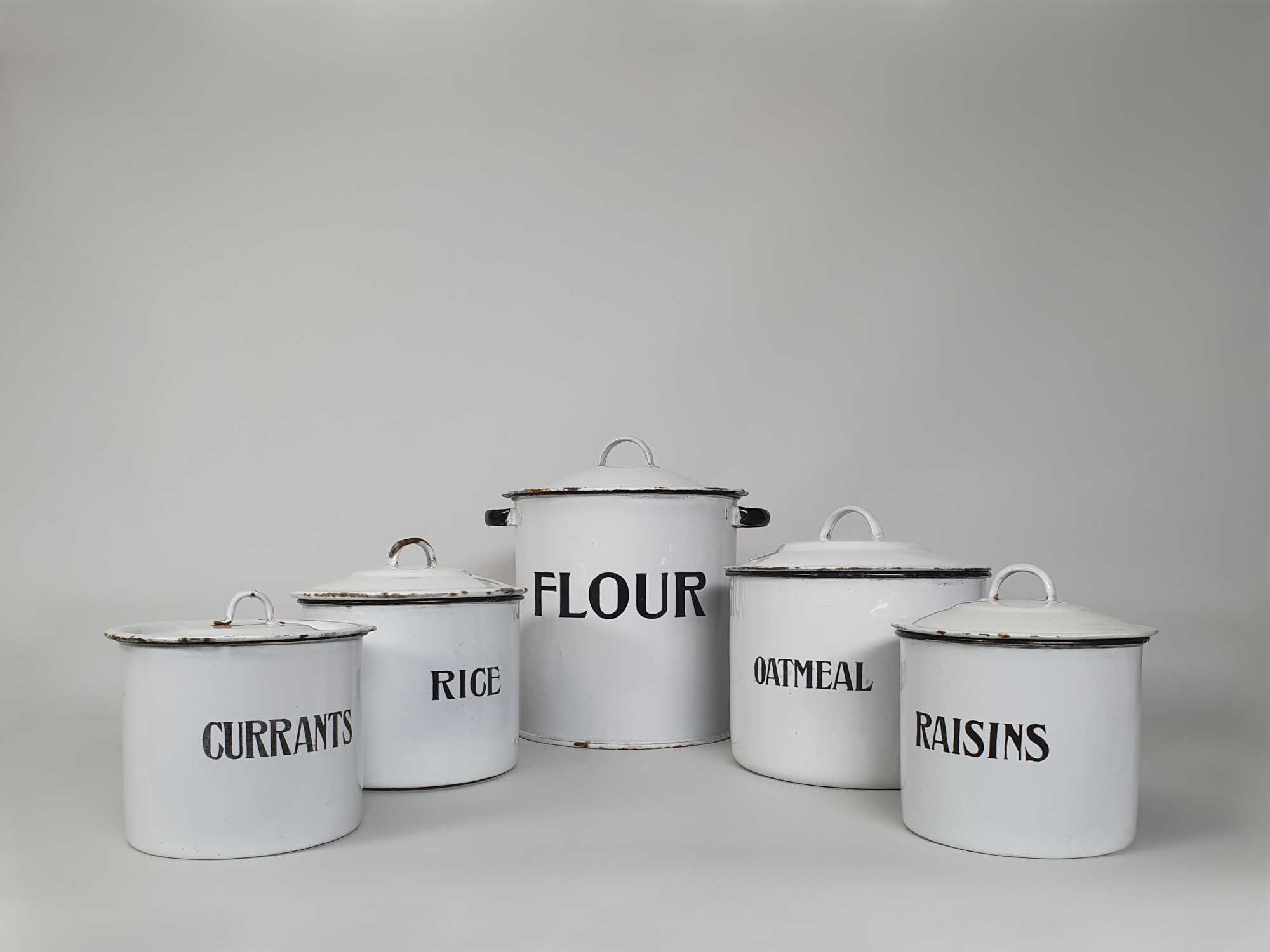 Set of 5 white enamel Kitchen Ware Canisters