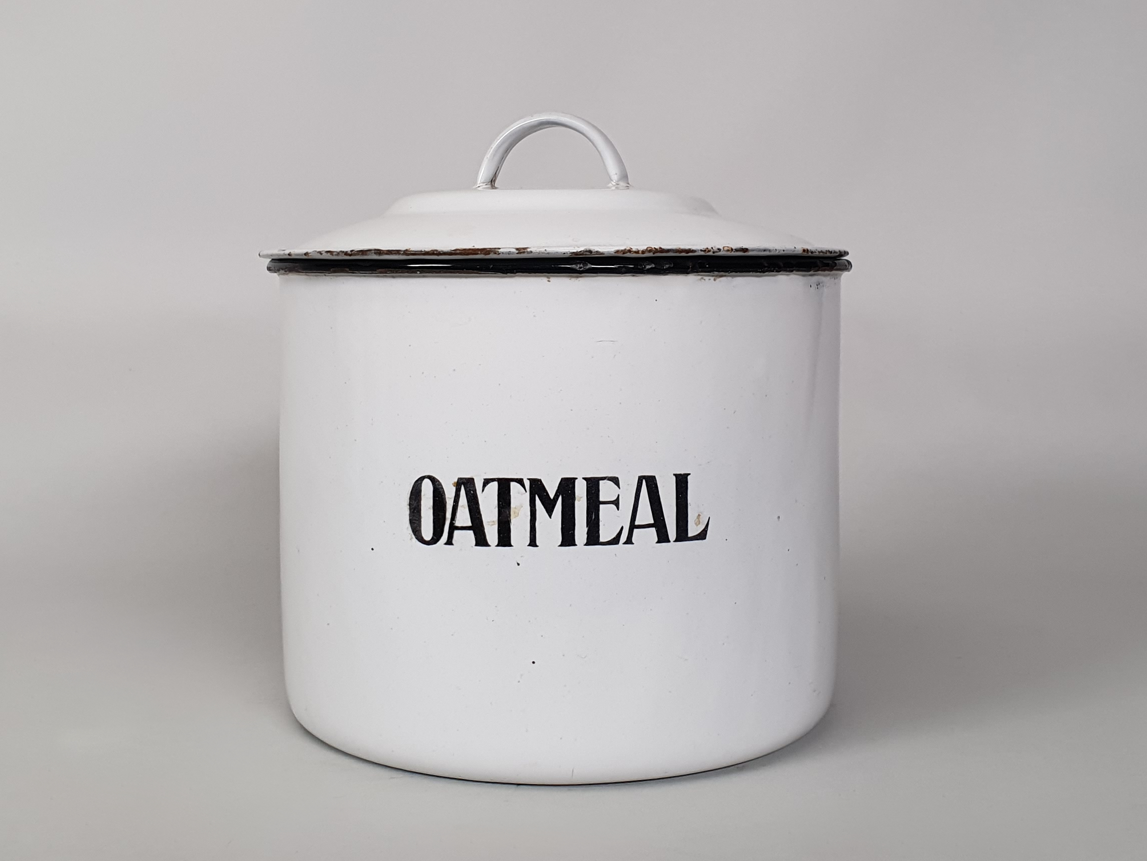 white enamel oatmeal canister