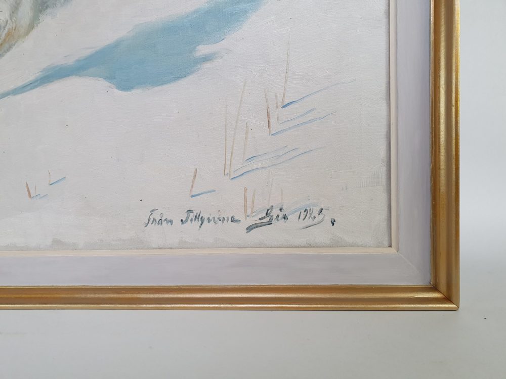 Swedish antique early 1900s oil on canvas, showing a wild hare in snow