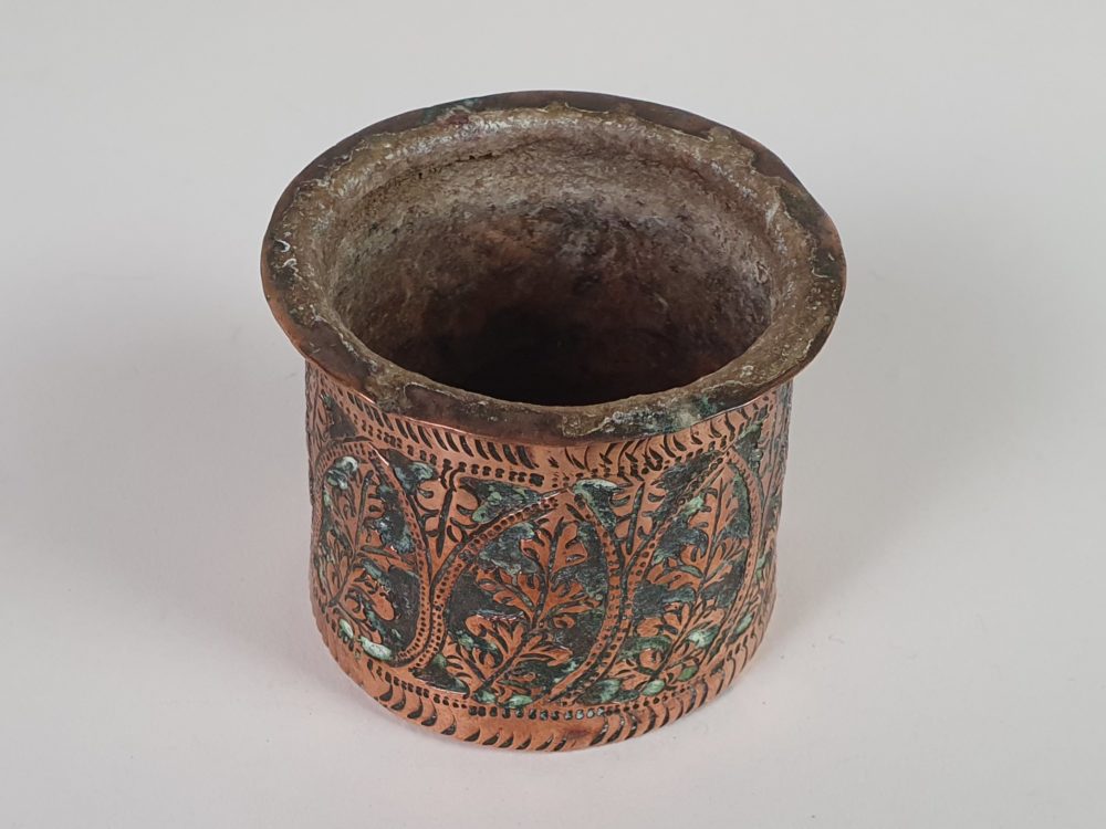 Tiny Victorian embossed copper container