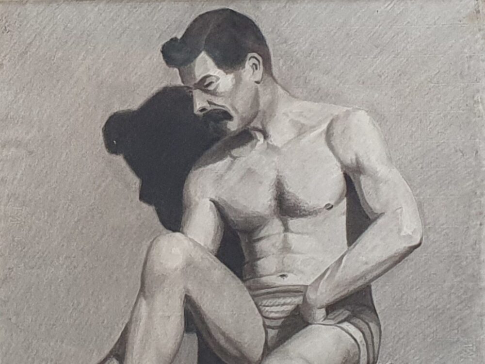 Two antique French academic charcoal life drawings of nude male figures