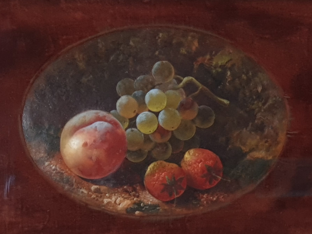 Victorian antique oil Painting - still life scene of fruits in original burgundy velvet mount