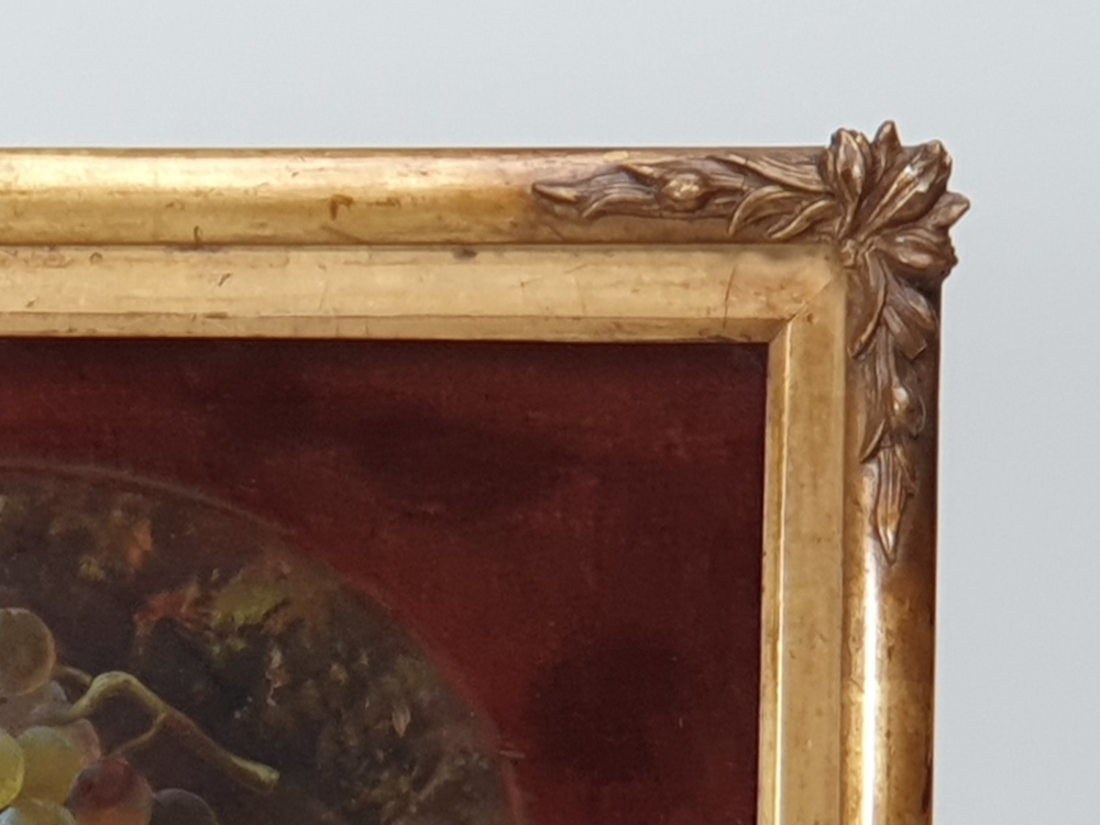 Victorian antique oil Painting - still life scene of fruits in original burgundy velvet mount
