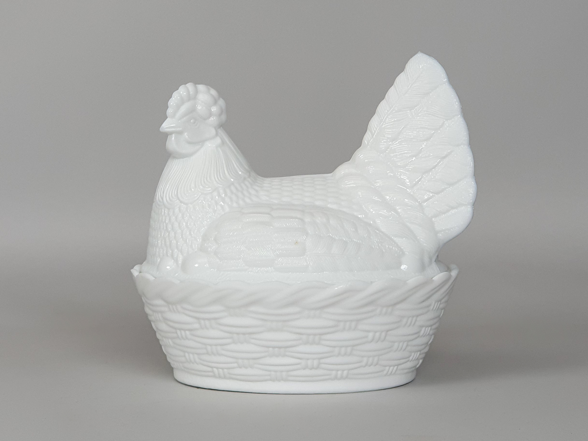 White Milk Glass Hen on Nest Covered Dish with Basketweave Base