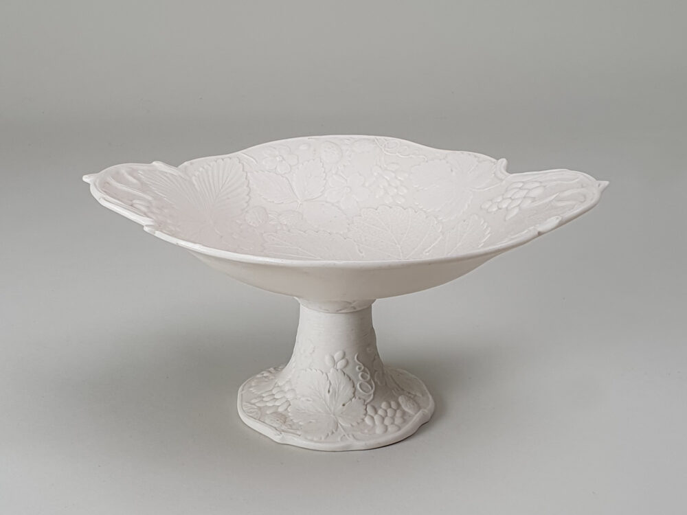 White Parian ware TJ & J Mayer raised Compote with a grapevine design