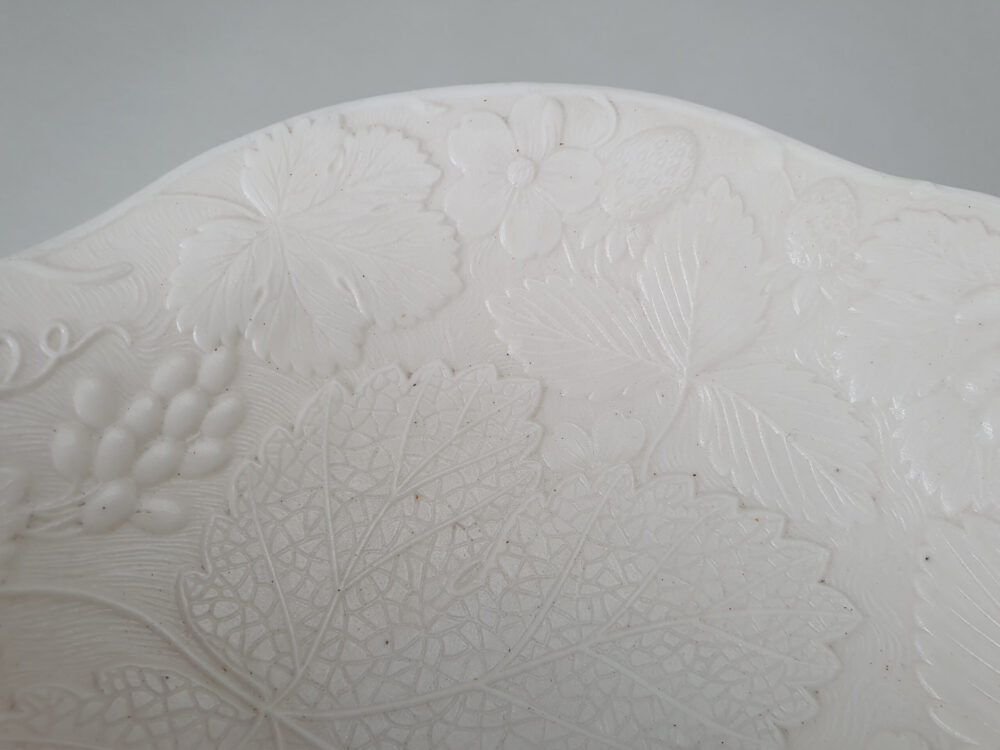 White Parian ware TJ & J Mayer raised Compote with a grapevine design