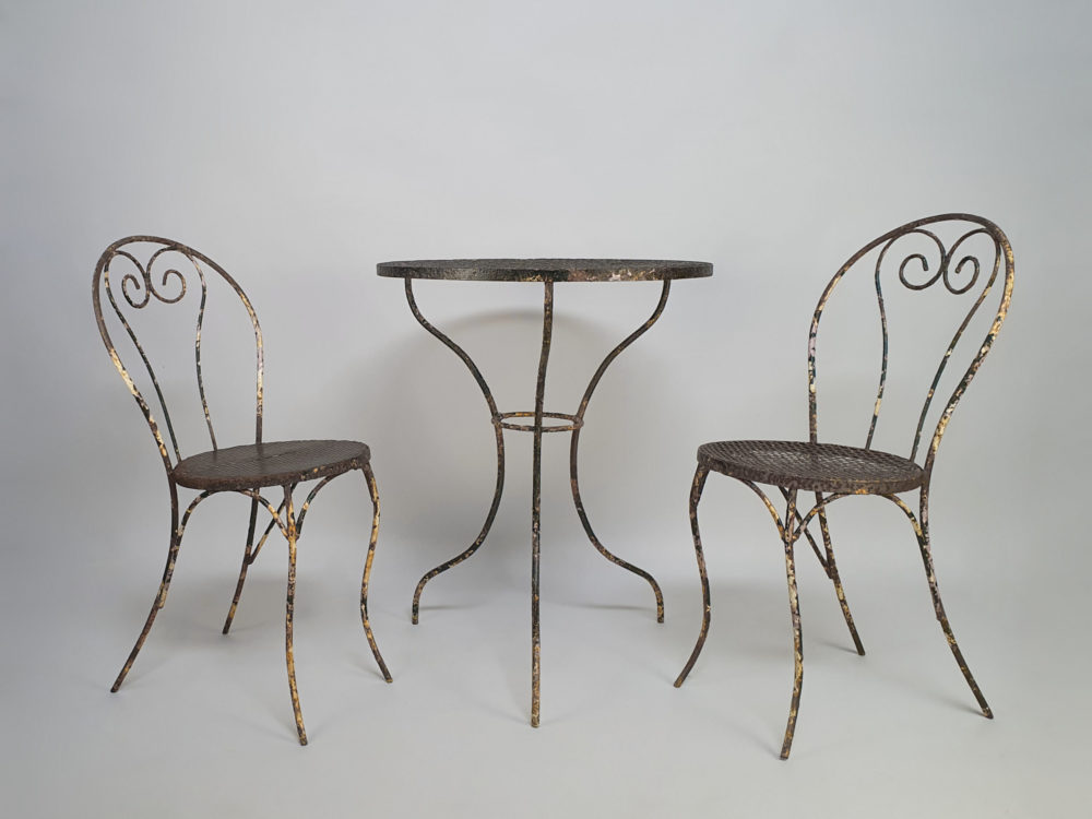 Antique wrought iron garden Table and Chairs in original blue paint