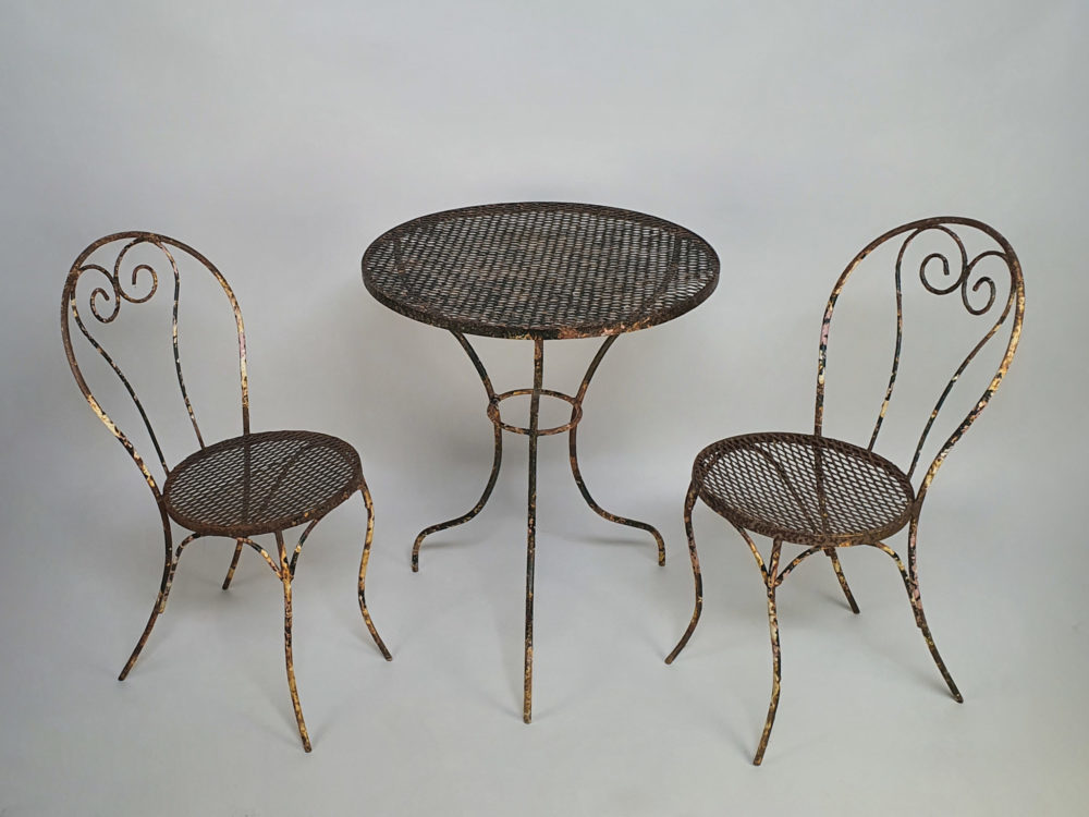 Antique wrought iron garden Table and Chairs in original blue paint